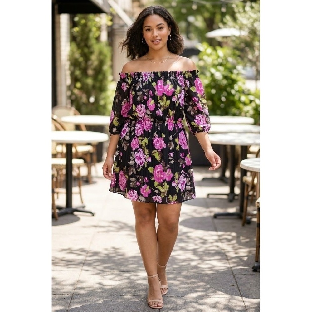 Boston Proper Dress Womens‎ Small Black Pink Floral Off Shoulder Mini